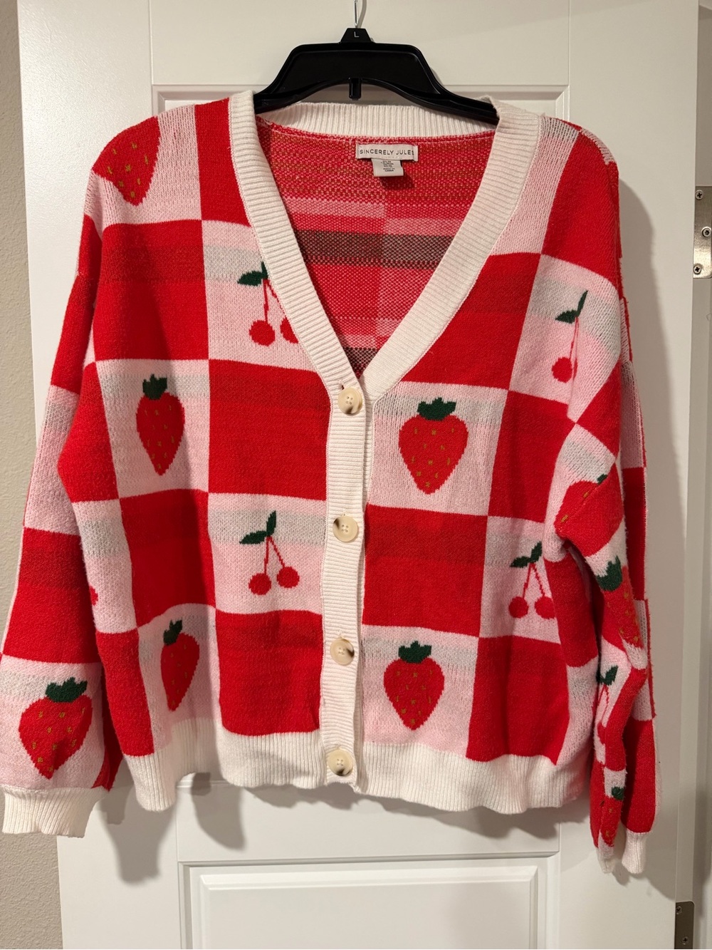Sincerly Jules Red & Pink Fruit-Print V-Neck Cardigan